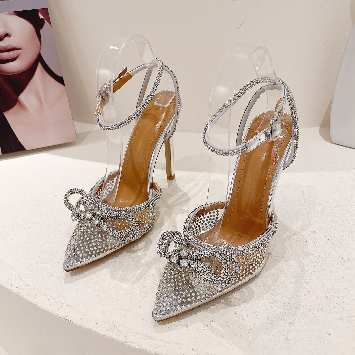 New Women’s Rhinestone Bow Transparent High Heels