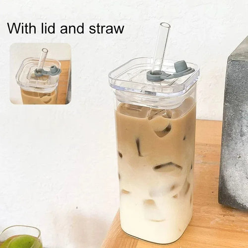 1 PC 400ml Square Glass Coffee Cup with Lid & Straw