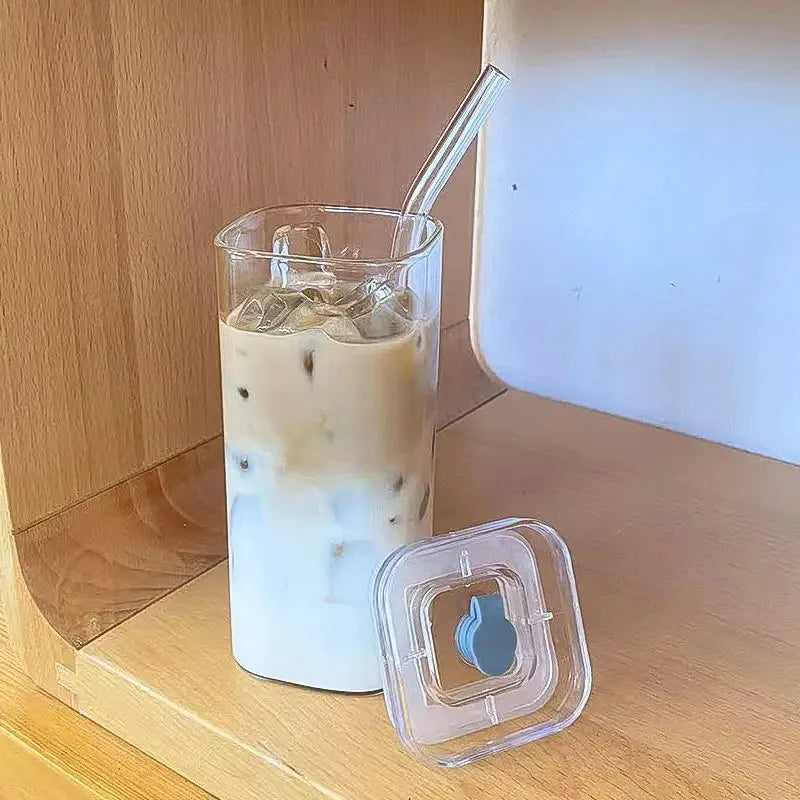 1 PC 400ml Square Glass Coffee Cup with Lid & Straw