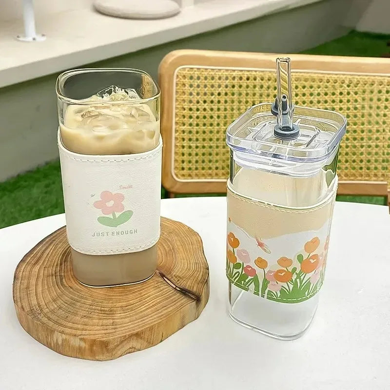 1 PC 400ml Square Glass Coffee Cup with Lid & Straw