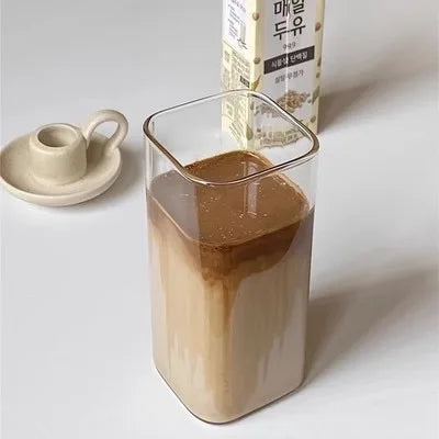 1 PC 400ml Square Glass Coffee Cup with Lid & Straw