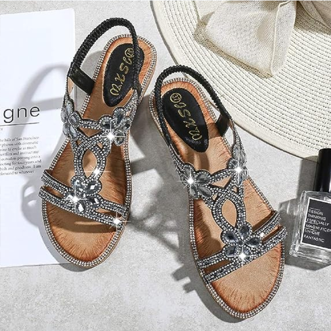 Women's Rhinestone Flat Gladiator Beach Sandals