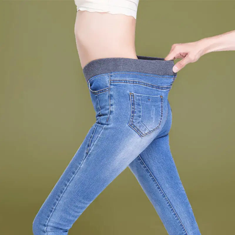 Plus Size Women's High Waist Fleece Elastic Jeans
