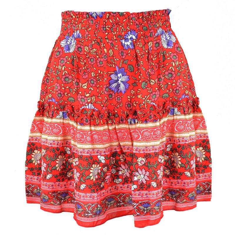 Bohemian Cotton Floral Skirt with Retro Wood Ears