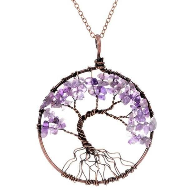 Colorful Crystal Chip Tree of Life Necklace