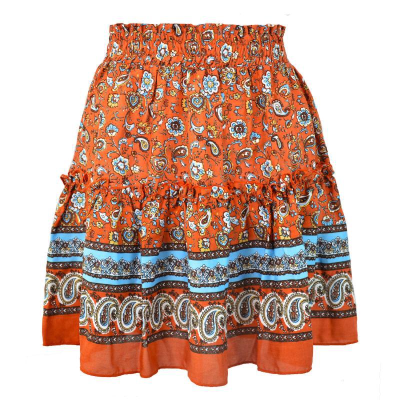 Bohemian Cotton Floral Skirt with Retro Wood Ears