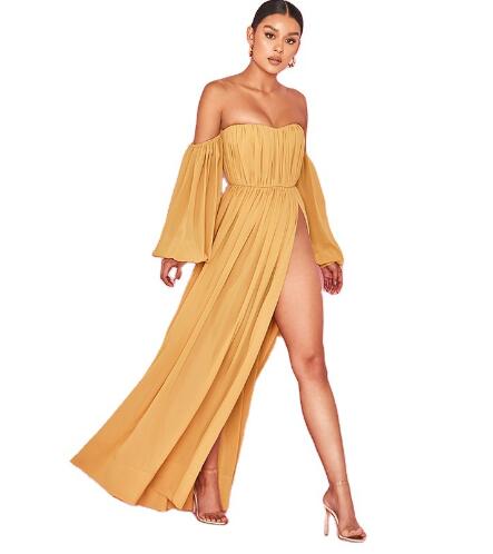 Yellow Sexy High-Slit Strapless Maxi Dress for Vacation