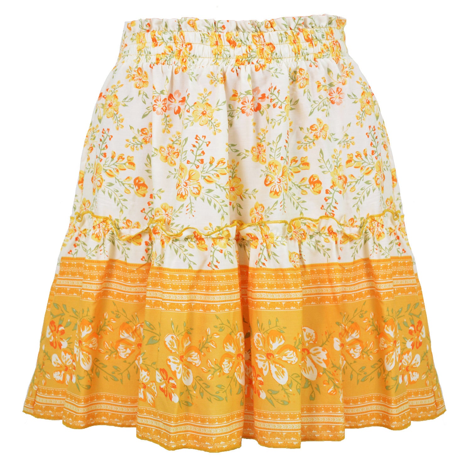 Bohemian Cotton Floral Skirt with Retro Wood Ears