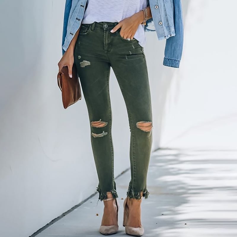 Women's Dark Green Ripped Design Jeans