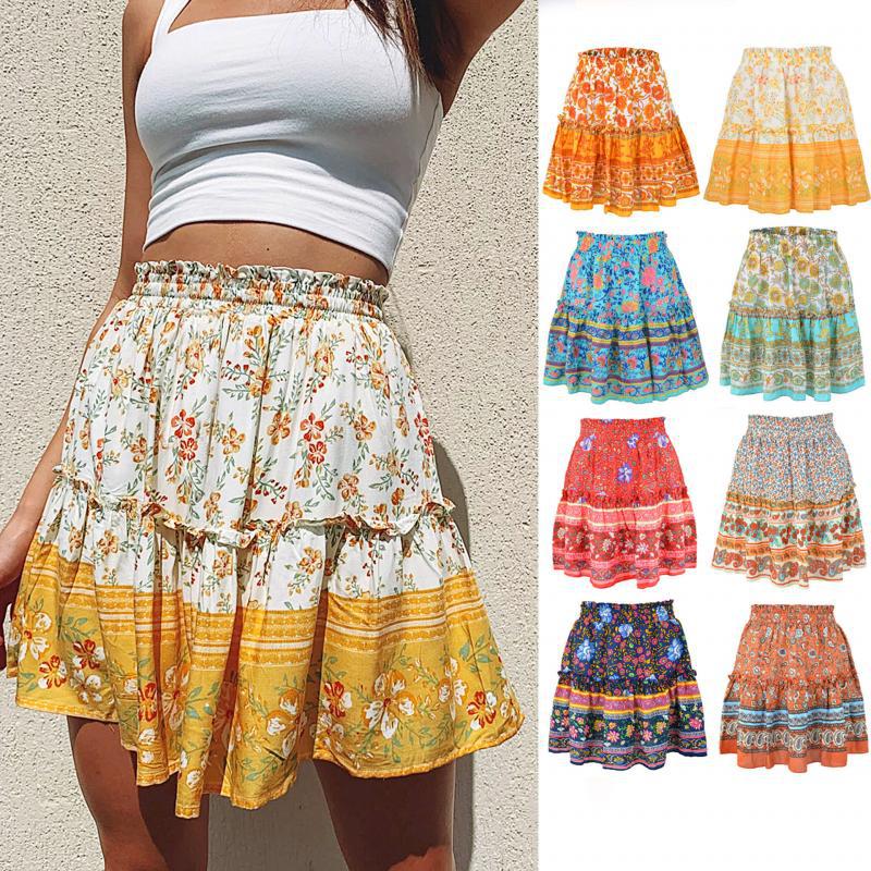 Bohemian Cotton Floral Skirt with Retro Wood Ears