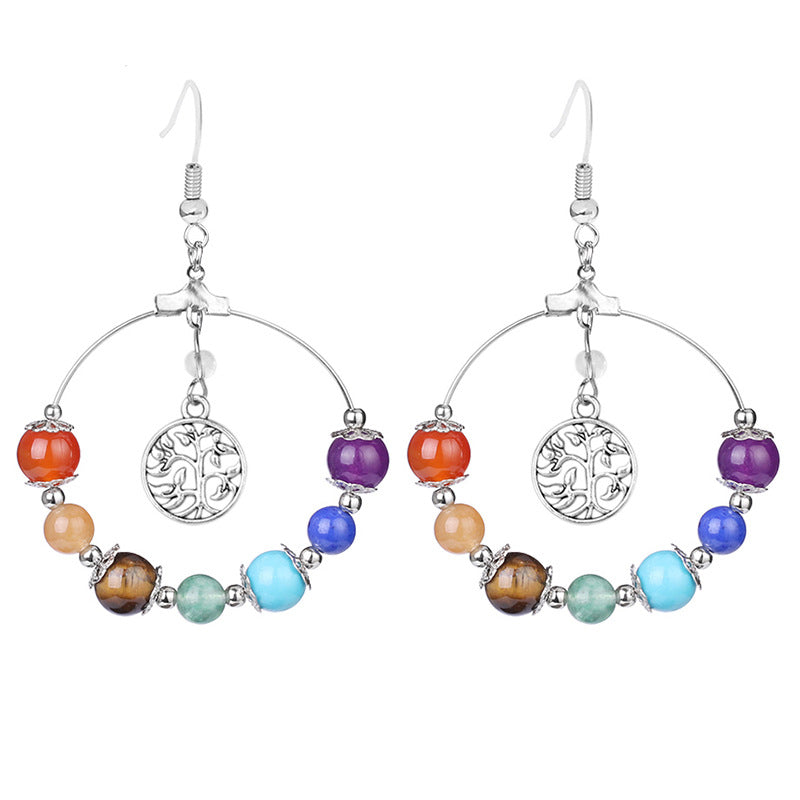 Chakra Natural Stone Bead Earrings - Tree of Life Design