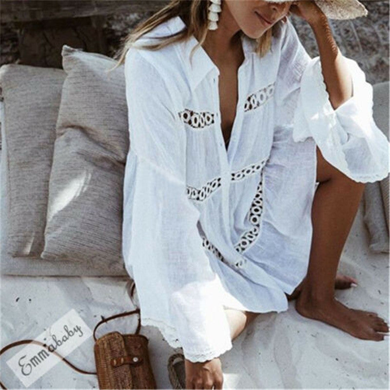 Lace Cutout Vacation Style Shirt and Beach Dress