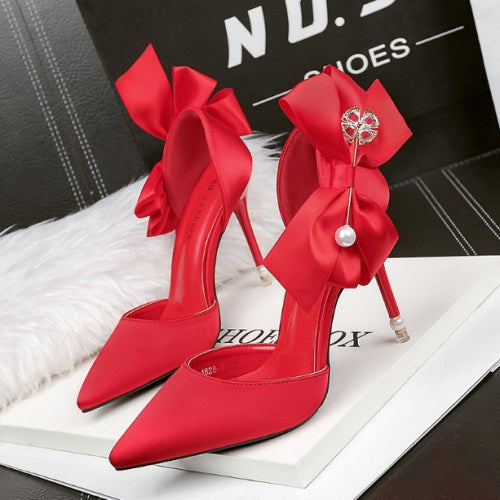 Rhinestone High Heels with Bow