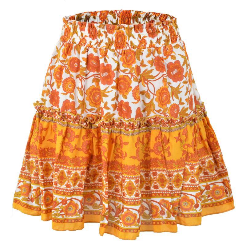 Bohemian Cotton Floral Skirt with Retro Wood Ears