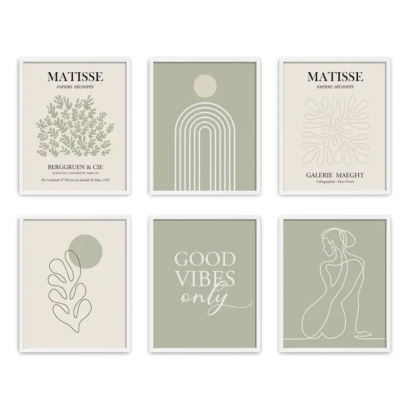 6pcs Sage Green Matisse Wall Art Prints for Aesthetic Room