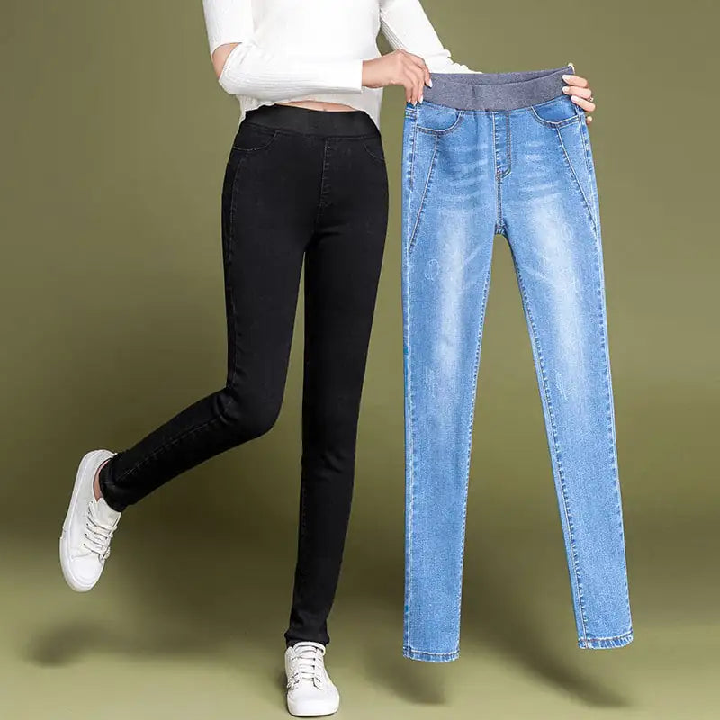 Plus Size Women's High Waist Fleece Elastic Jeans