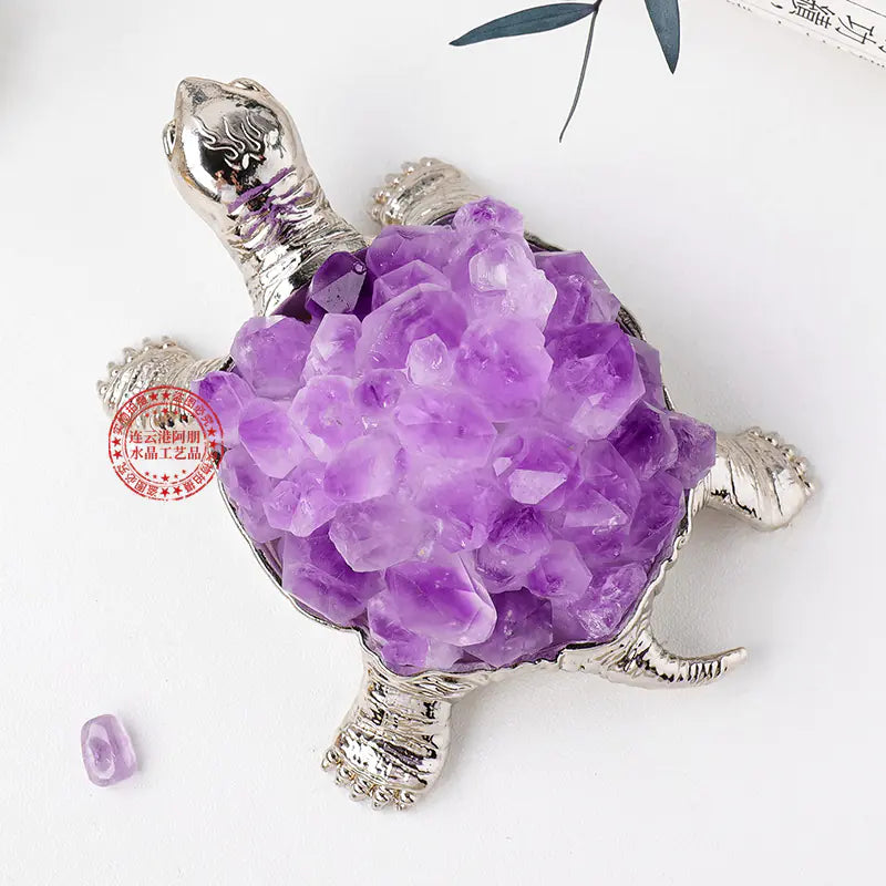 Natural Crystal Turtle Figurine with Amethyst & Citrine