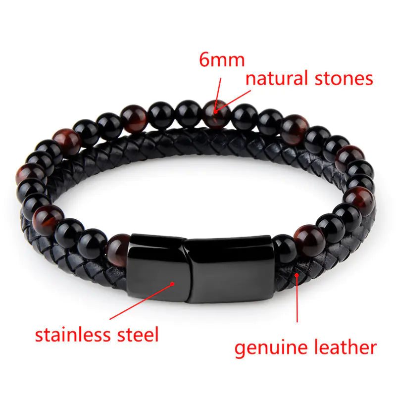 Natural Agate Stone Leather Braided Bracelet Multi-Layer