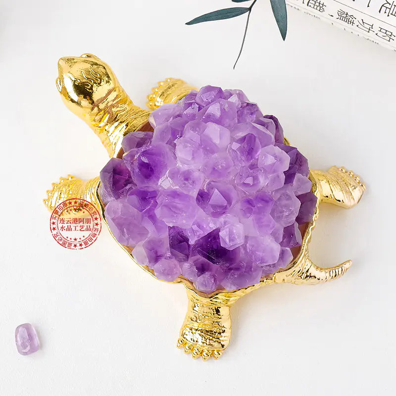 Natural Crystal Turtle Figurine with Amethyst & Citrine