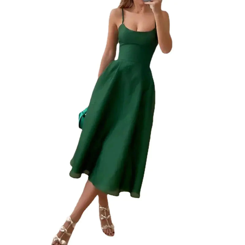 Summer Green Midi Dress with Elegant Waist Design