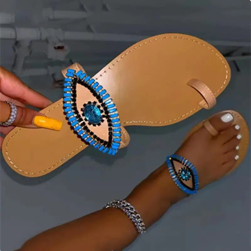 Sapphire Rhinestone Flat Slippers for Large Sizes