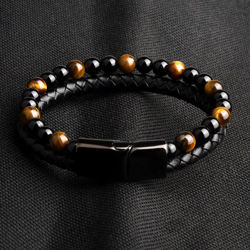Natural Agate Stone Leather Braided Bracelet Multi-Layer