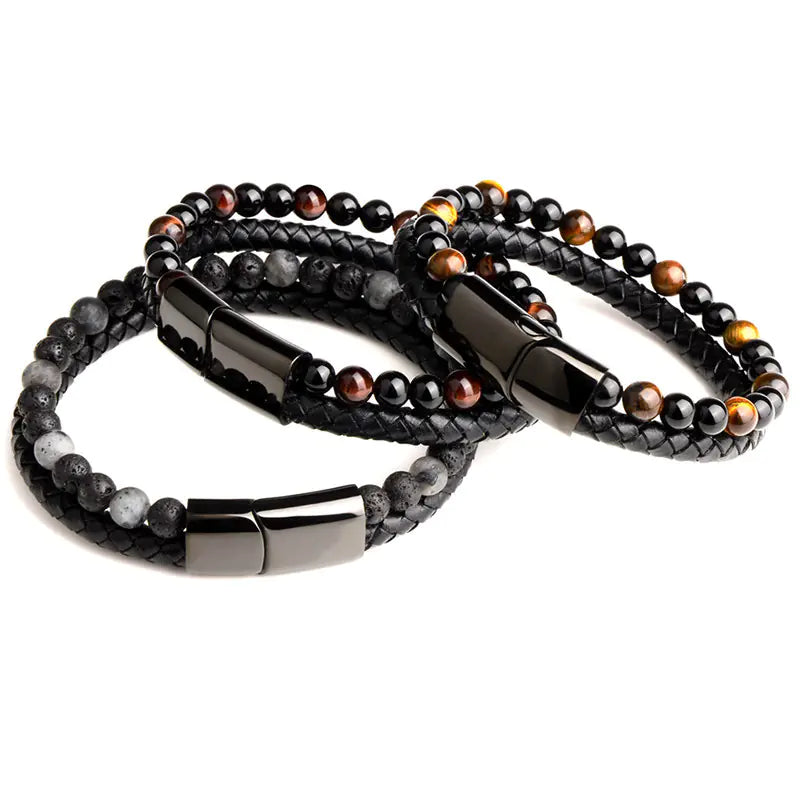 Natural Agate Stone Leather Braided Bracelet Multi-Layer