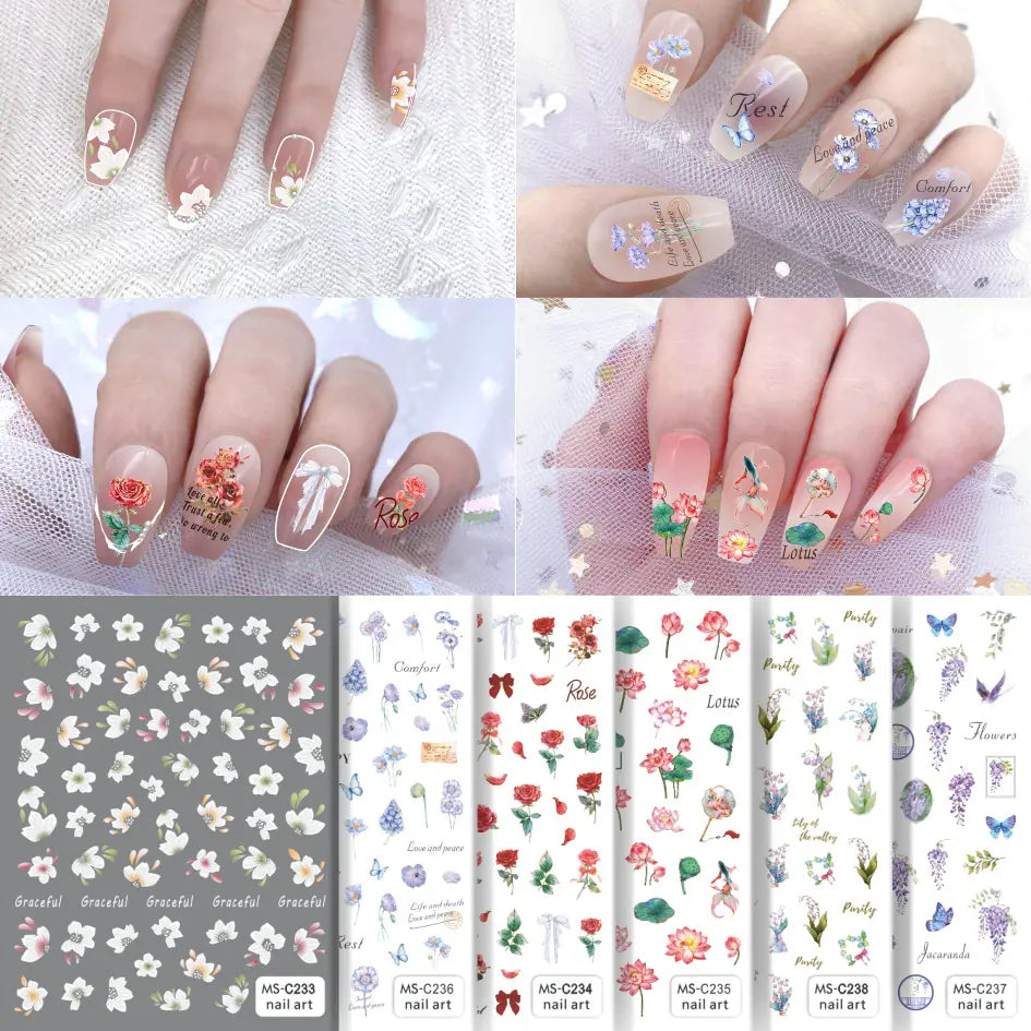 Nail Art Stickers - Camellia, Lily, and Poppy Designs