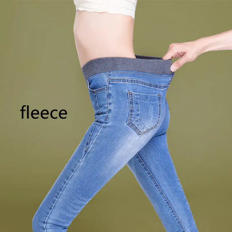 Plus Size Women's High Waist Fleece Elastic Jeans