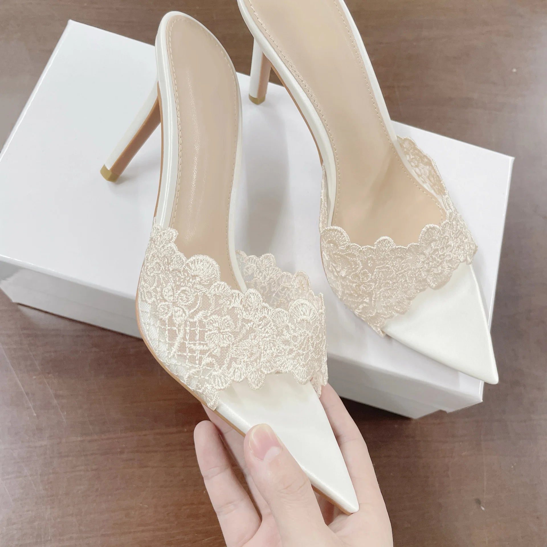 High Heel Slippers Embroidery Lace