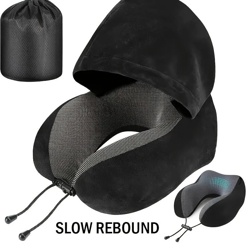 Memory Foam Hooded U-Shaped Travel Pillow – Detachable Washable Cover, Ergonomic Neck Support for Airplane, Car, Office & Home