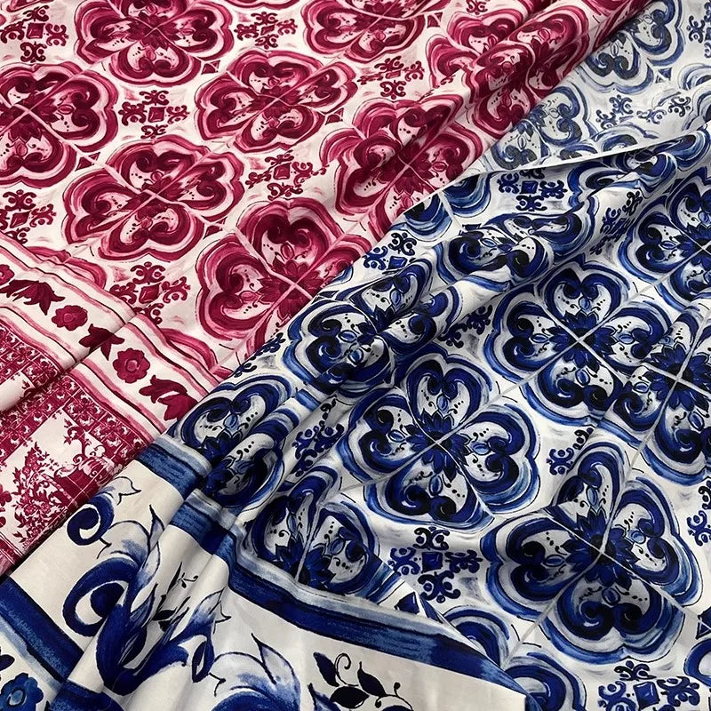 Blue and White Porcelain and Vase Printed Poplin Cotton Fabric