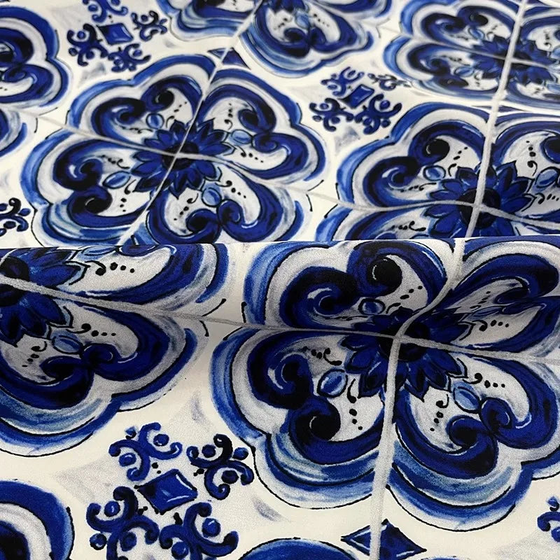 Blue and White Porcelain and Vase Printed Poplin Cotton Fabric