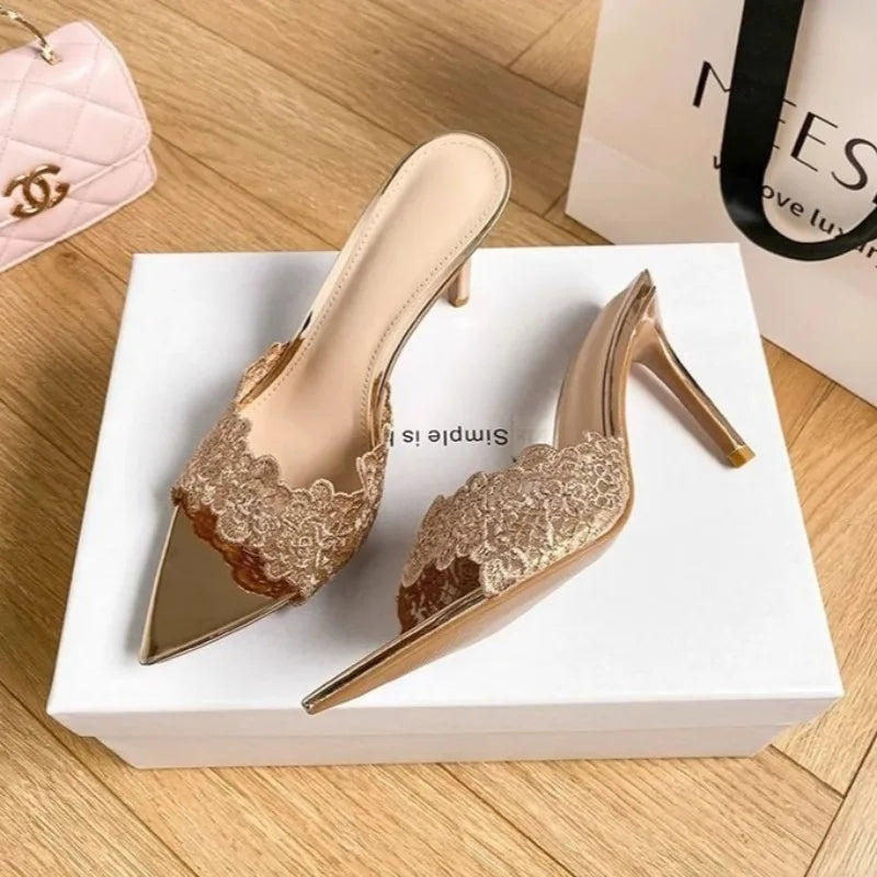 High Heel Slippers Embroidery Lace