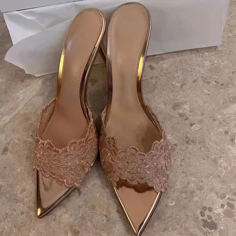 High Heel Slippers Embroidery Lace