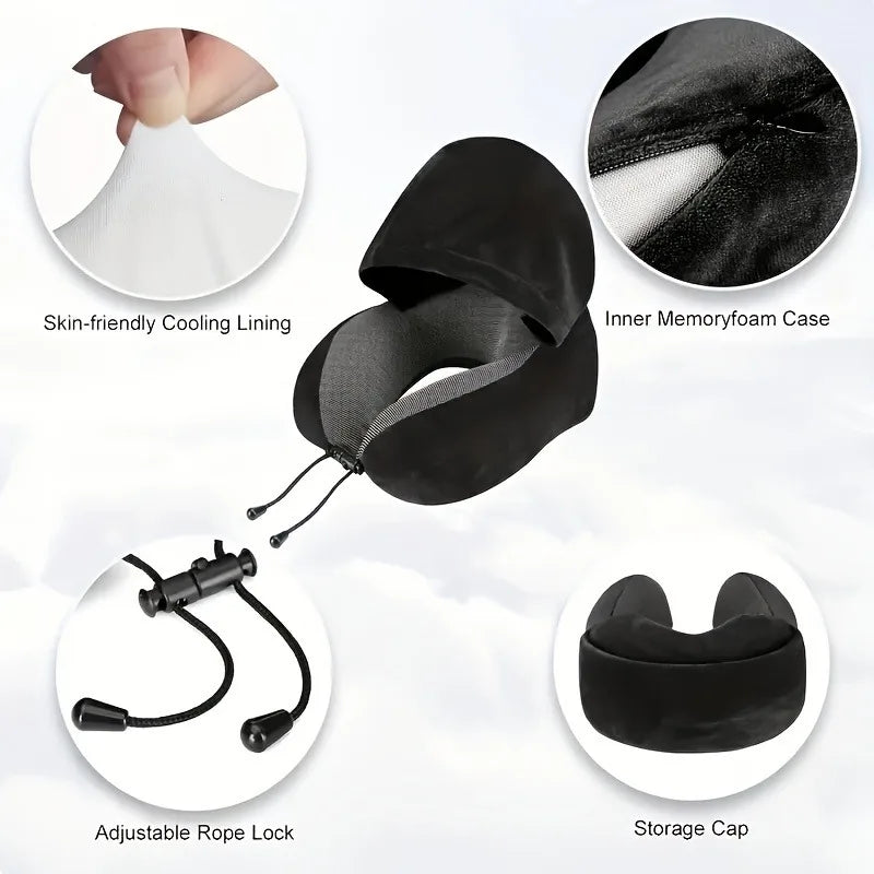 Memory Foam Hooded U-Shaped Travel Pillow – Detachable Washable Cover, Ergonomic Neck Support for Airplane, Car, Office & Home