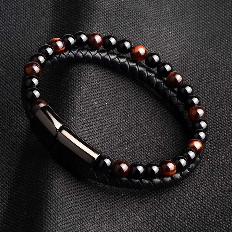 Natural Agate Stone Leather Braided Bracelet Multi-Layer