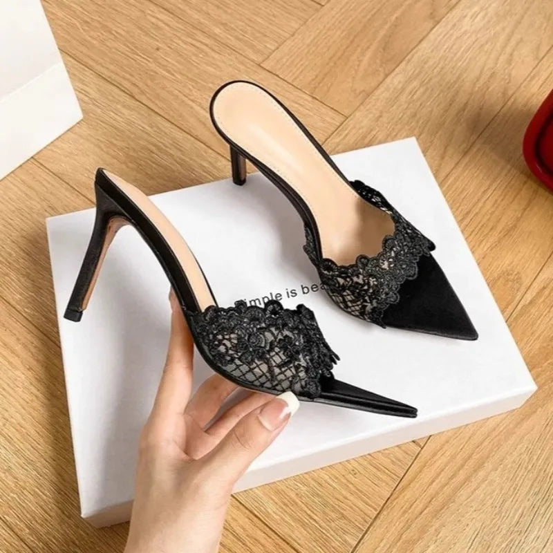 High Heel Slippers Embroidery Lace