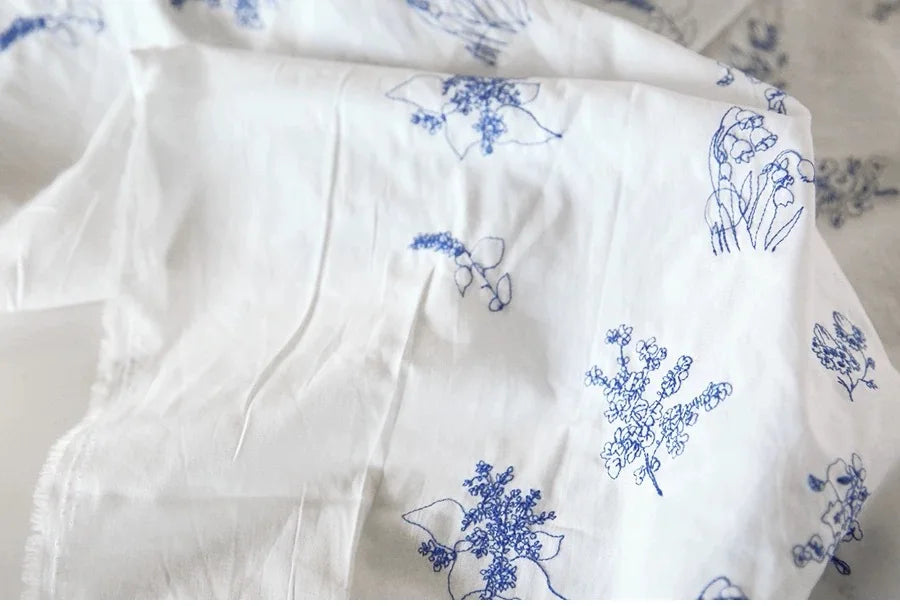 Blue Floral Embroidered Fabric