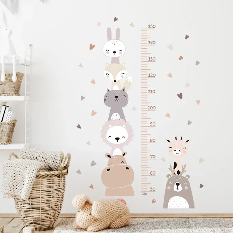 Boho Color Style Smile Animals Bear Lion Hearts Height Measurement Ruller Wall Stickers