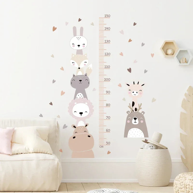 Boho Color Style Smile Animals Bear Lion Hearts Height Measurement Ruller Wall Stickers