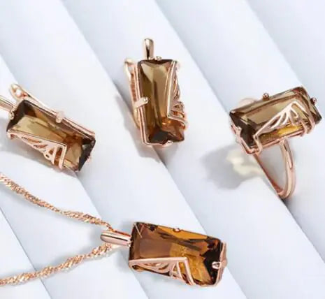 Amber Stone Ring Set with 18K Rose Gold Plating