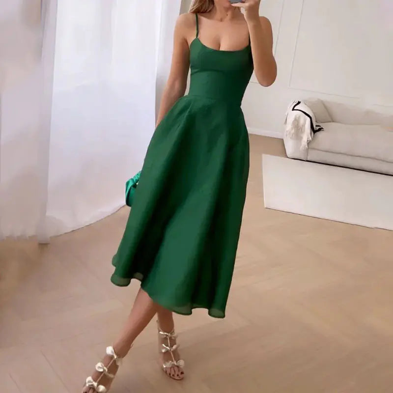 Summer Green Midi Dress with Elegant Waist Design