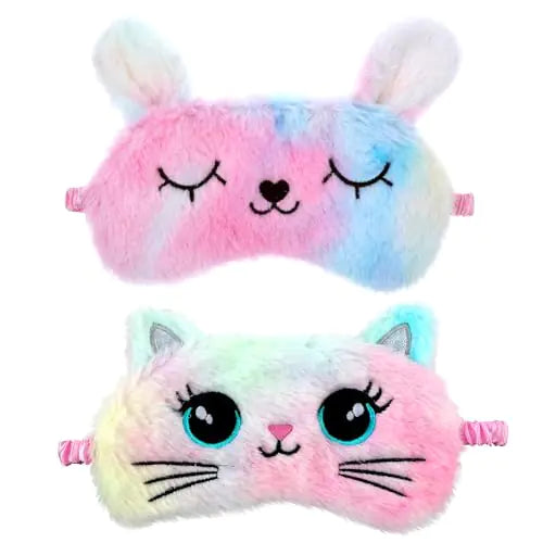 2 Pcs Plush Eye Mask Soft Sleeping Blindfold Eye Cover Comfortable Cute Animal Sleeping Mask Satin Nap Night Eyeshade Cover for Women Men Gift (Multicolor Cat&Rabbit Style)