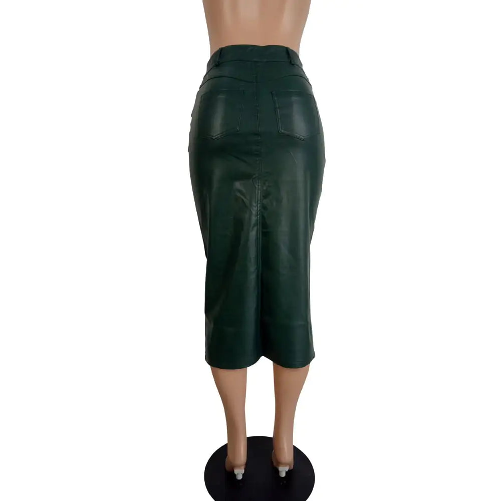Ladies Slim Front Slit Leather Skirt