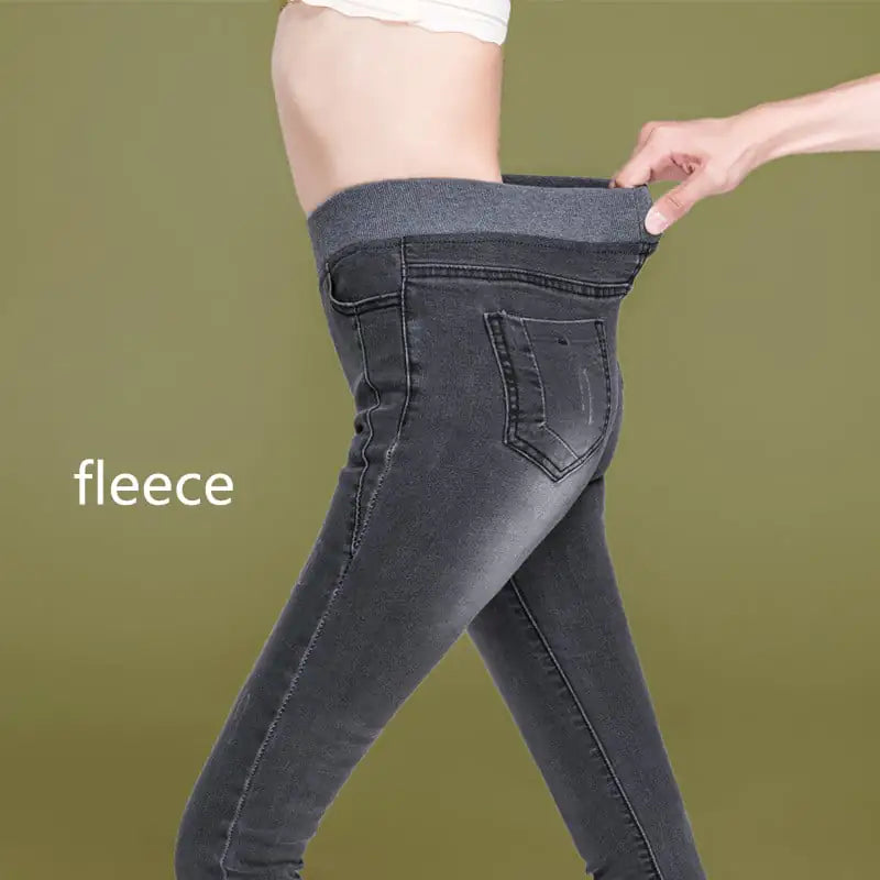 Plus Size Women's High Waist Fleece Elastic Jeans