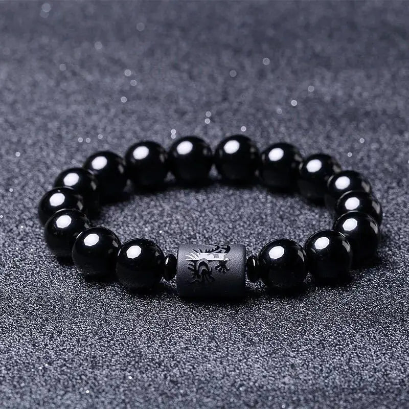 Classic Obsidian Dragon and Phoenix Bracelet with Zodiac