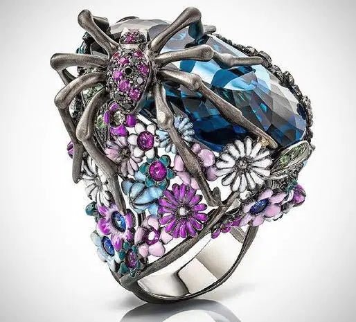 Creative Spider Design Sapphire Flower Ring