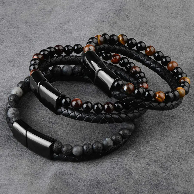 Natural Agate Stone Leather Braided Bracelet Multi-Layer