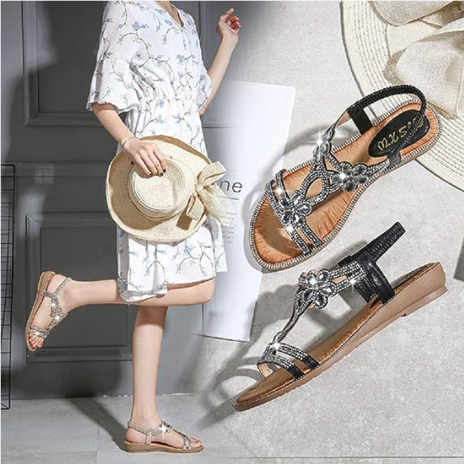 Women's Rhinestone Flat Gladiator Beach Sandals